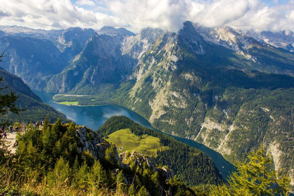 Germany Travel Guide: Ultimate Resource for Destinations, Culture & Tips 11 Scenic view of Königssee from Jenner mountain platform on a cloudy summer day in Berchtesgaden National Park, Germany.