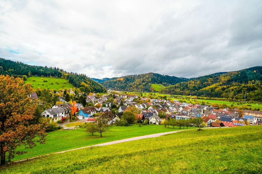 Planning a Trip to Germany: Step-by-Step Guide for First-Timers 15 Scenic view of Hausach town from Husen Castle, showcasing the Black Forest landscape and Kinzig valley's green hills.