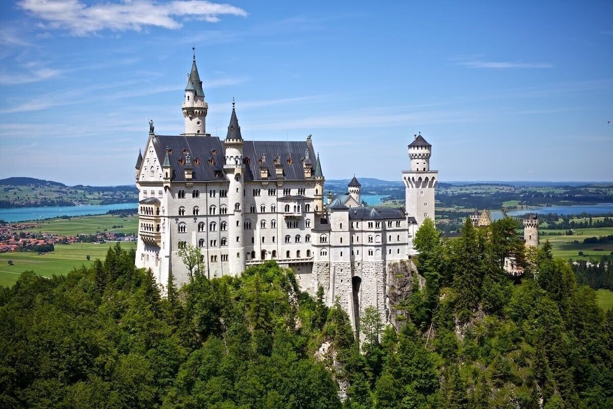 Historical landmark and visitor view of Neuschwanstein Castle, Germany