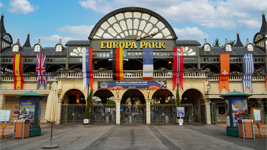 Visiting Germany with Kids: Family-Friendly Destinations & Tips 6 Europa-Park main entrance in Rust, Germany, showcasing the largest theme park in Germany on a sunny day, devoid of visitors.
