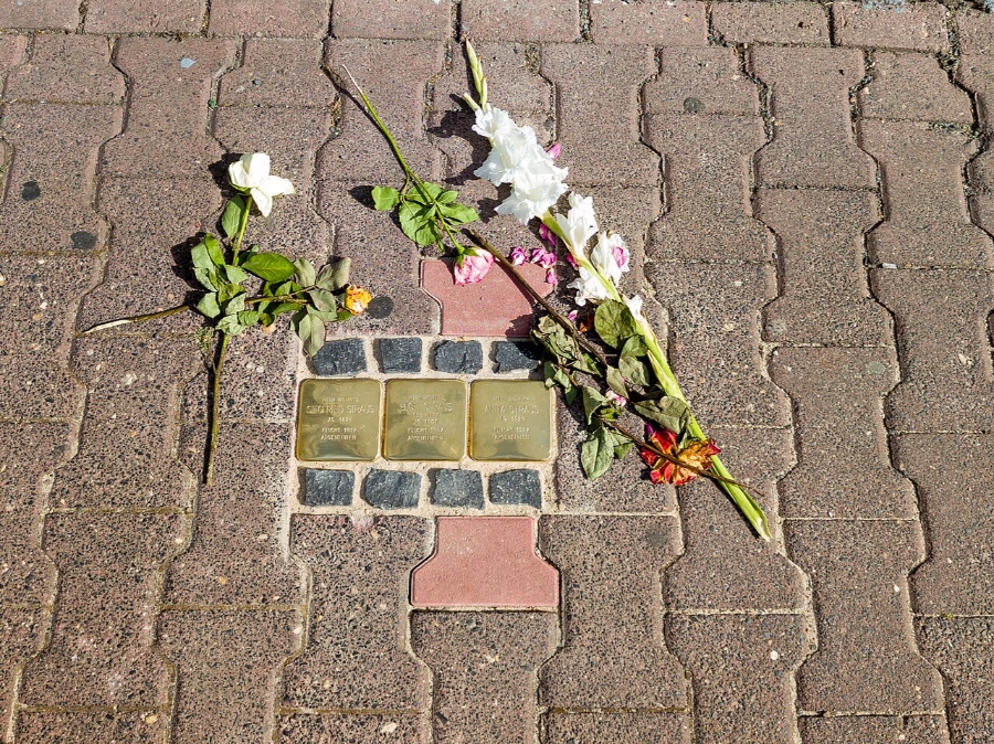 Vibrant flower arrangement on a sidewalk, serving as a memorial for those remembered by Stolpersteine in Frankfurt.

