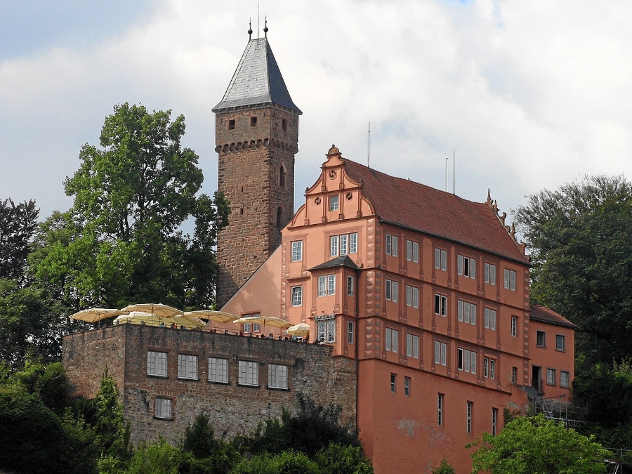Exploring the German Castle Road: A Complete Guide 4 Hirschhorn Castle, a large stone building with a prominent tower, situated atop a scenic hill.