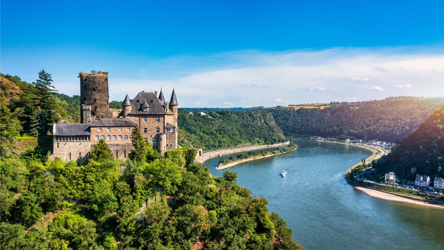 Middle Rhine Valley 5 Katz Castle, a historic fortress in Rhineland-Palatinate, Germany, perched on a hill overlooking the Rhine River.