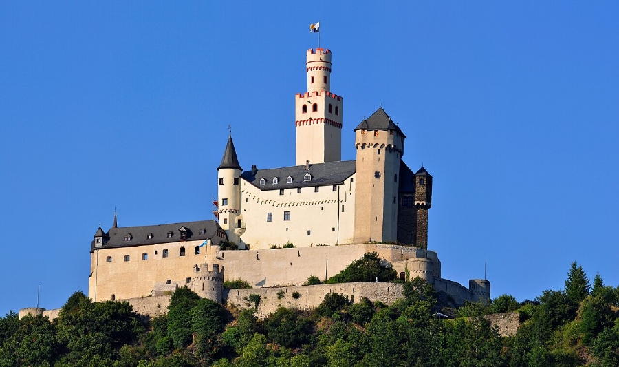 Middle Rhine Valley 6 Hilltop castle with a distinctive tower, offering a commanding view of the beautiful Rhine Valley below.