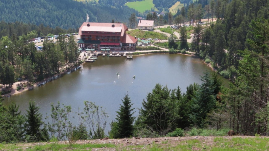 Scenic view of Mummelsee Lake in Germany, surrounded by mountains and a lodge, with a lush forest in the background.
