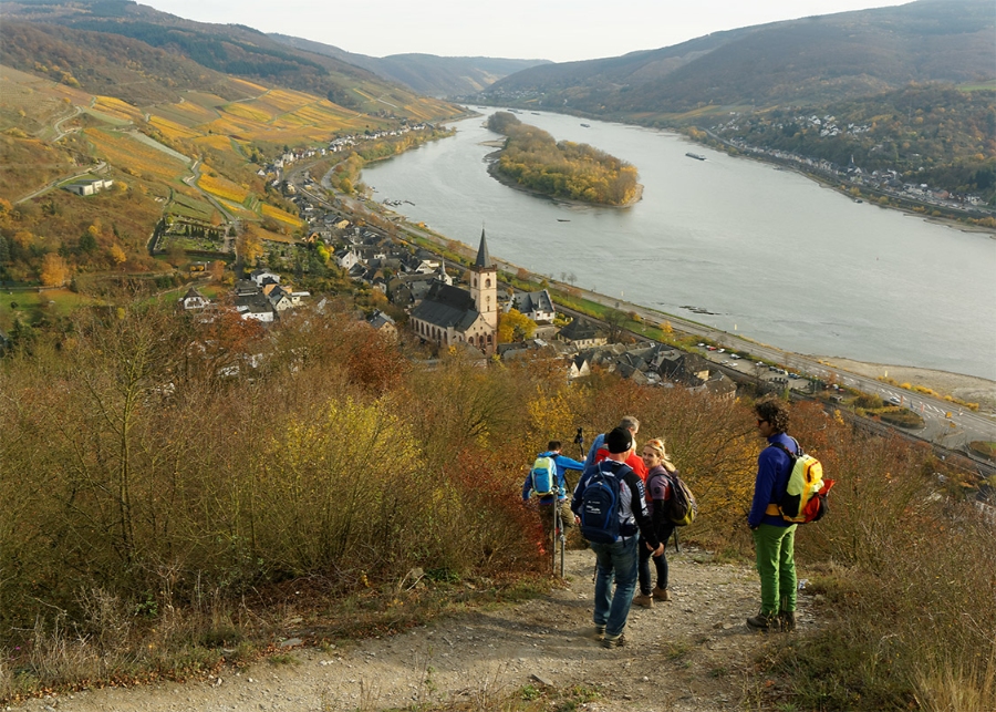 Middle Rhine Valley 15 Hikers ascend a hill, taking in the picturesque river view during their Rheinsteig hiking adventure.