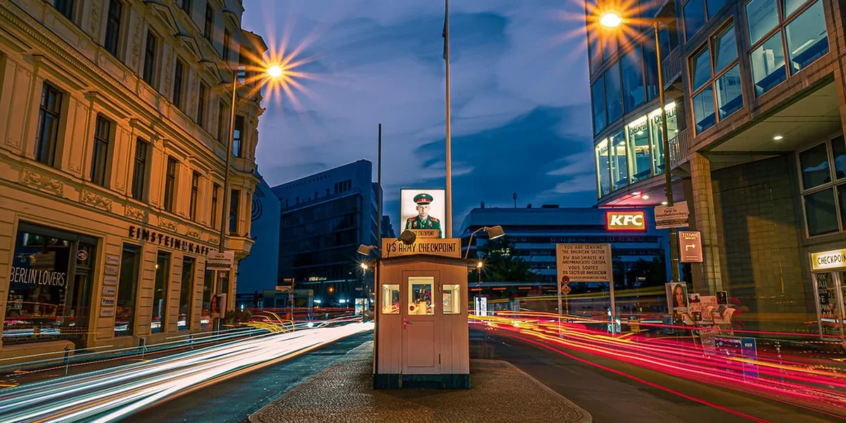 Scenic view and travel landmark guide for Checkpoint Charlie, Germany