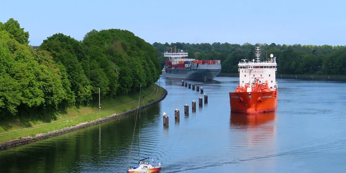 Scenic view and travel landmark guide for Kiel Canal, Germany