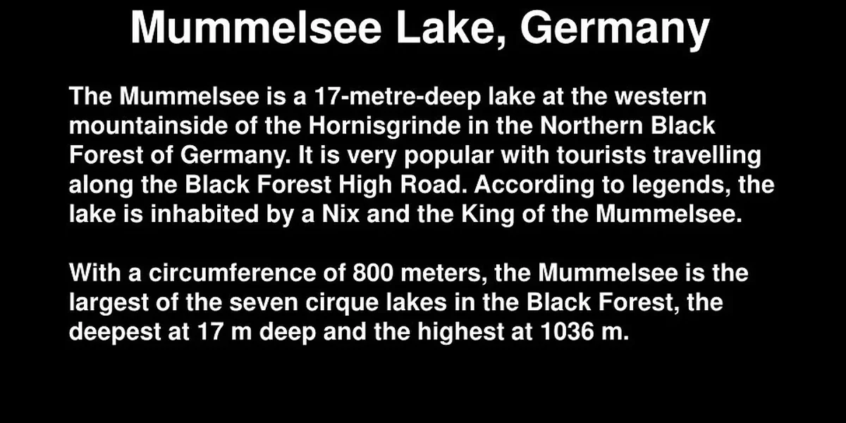 Scenic view and travel landmark guide for Mummelsee Lake, Germany