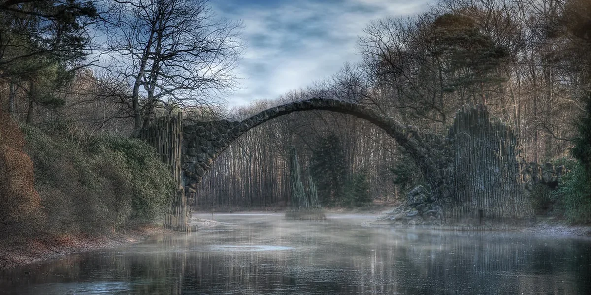 Scenic view and travel landmark guide for Rakotzbrücke (Devil's Bridge), Germany