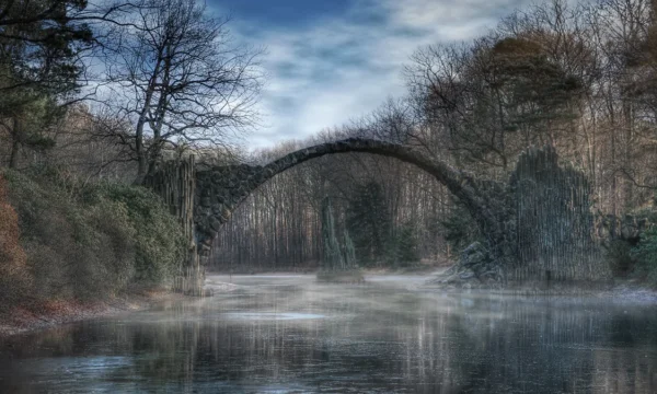 Scenic view and travel landmark guide for Rakotzbrücke (Devil's Bridge), Germany